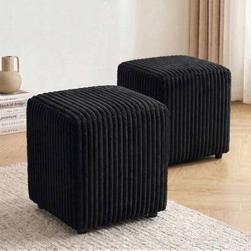 Modern Square Vanity Stool Set of 2, Small Striped Pattern Ottoman, Cute Velvet Foot Stool, Tufted Fabric Footrest
