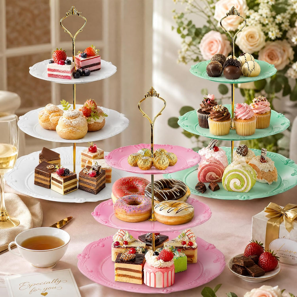 Tier Plastic Cupcake Stand, Dessert Plates Cake Fruit Candy Display Tower Reusable Pastry Platter - Set of 3