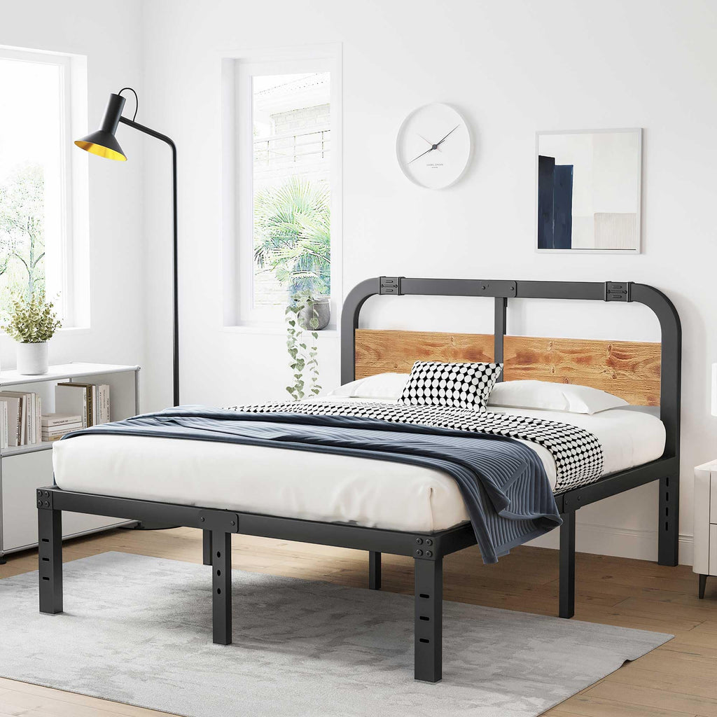 Full Size Metal Bed Frame with Solid Wooden Headboard, Country Style Bed Platform, 14 Inch High Heavy Duty Steel