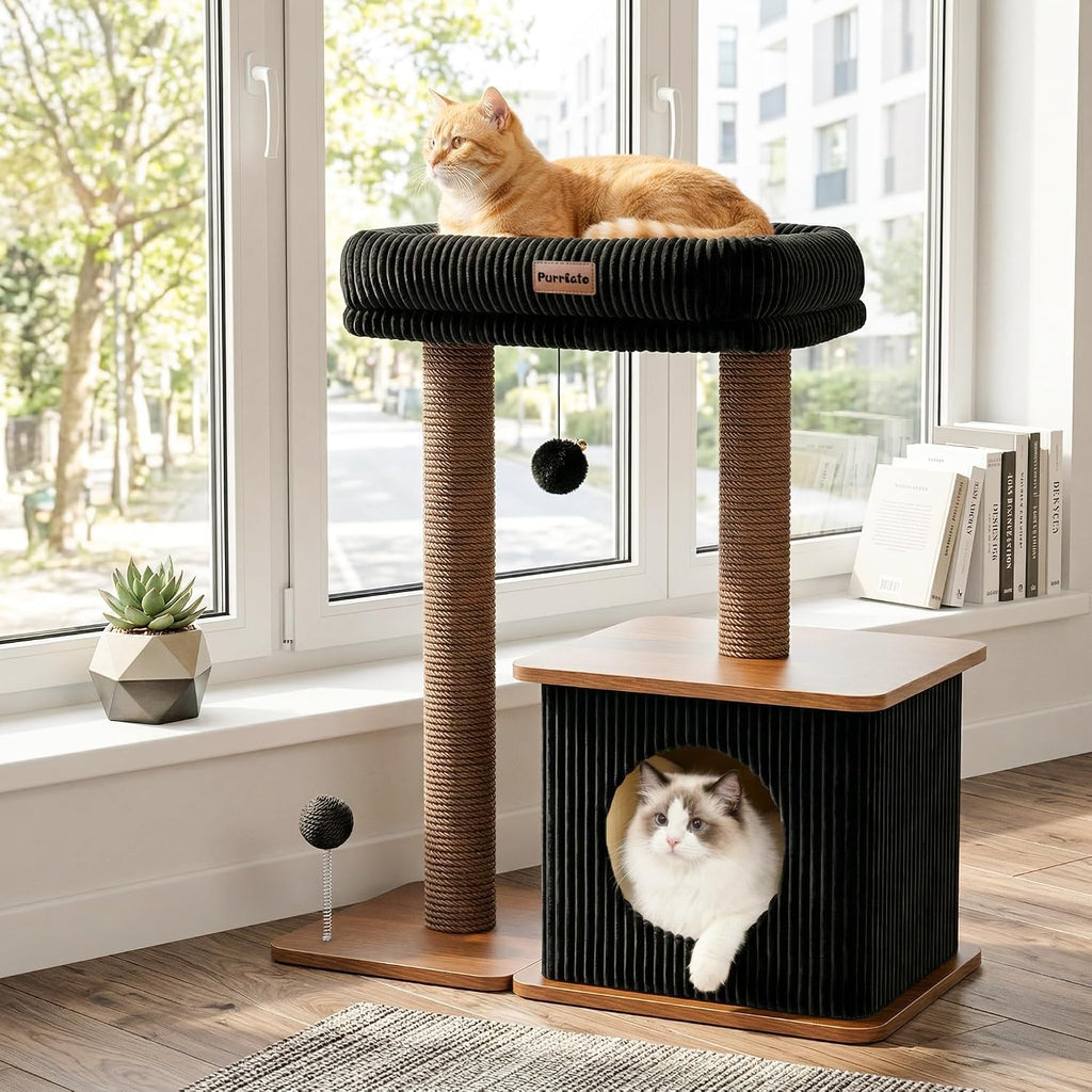 29" Small Cat Tree, Boho Wood Cat Tower with Sisal Scratching Post