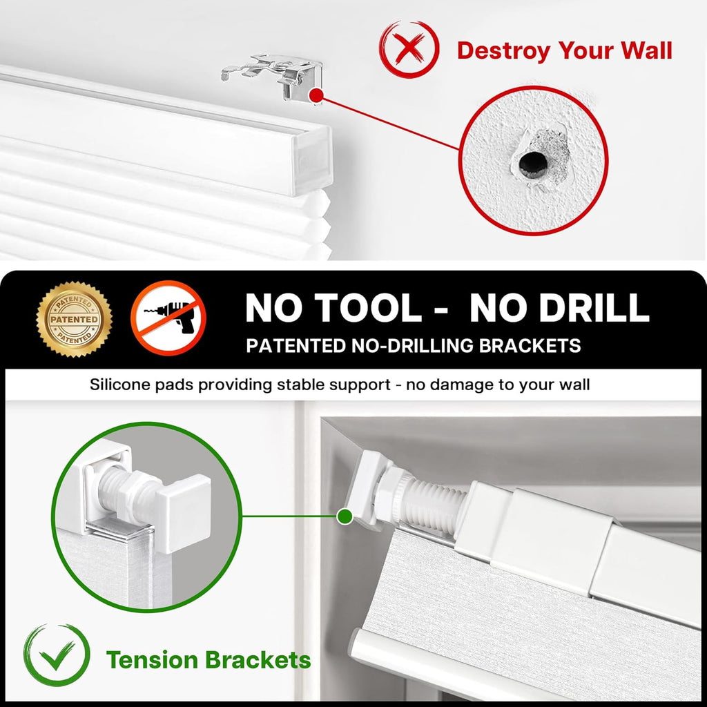 No Drill Cordless Cellular Shades, Silver White | Blackout Honeycomb Shades Thermal Insulation Noise Reduction Glare
