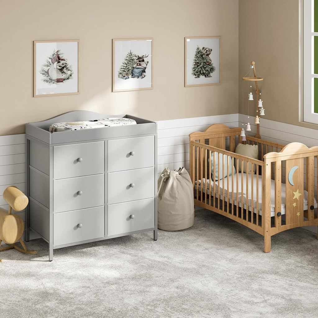 Changing Table Dresser with 6 Fabric Drawers, Baby Dresser with Changing Table Top Diaper Changing Station with
