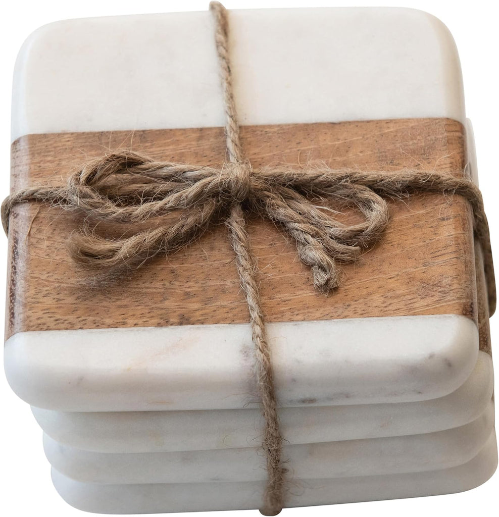 Marble & Acacia Wood Coasters, White & Natural - Set of 4