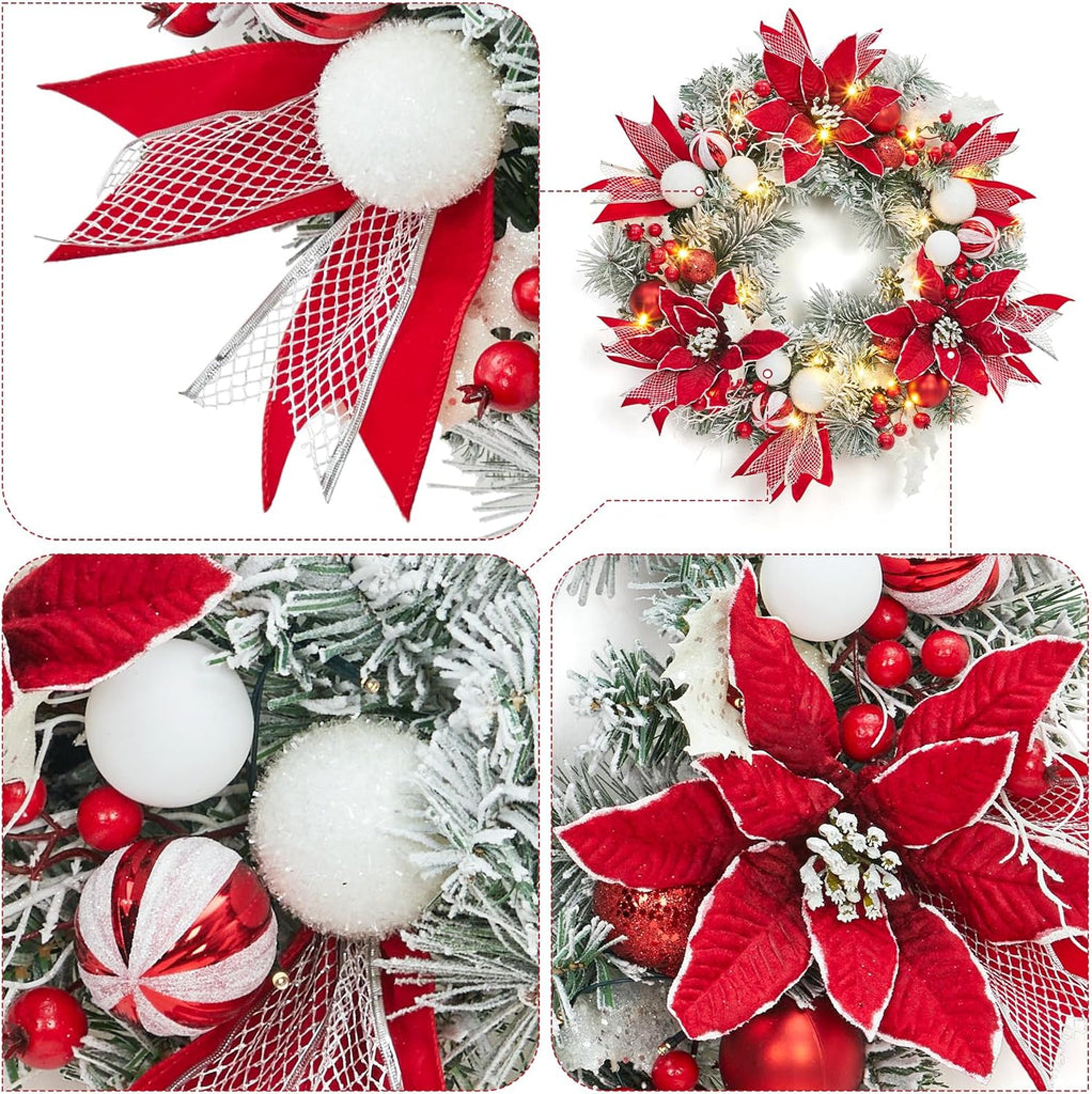 Pre-Lit Christmas Wreath for Front Door, 24 Inch Large Xmas Wreath for Holiday Decor, Battery Operated Xmas Lighted