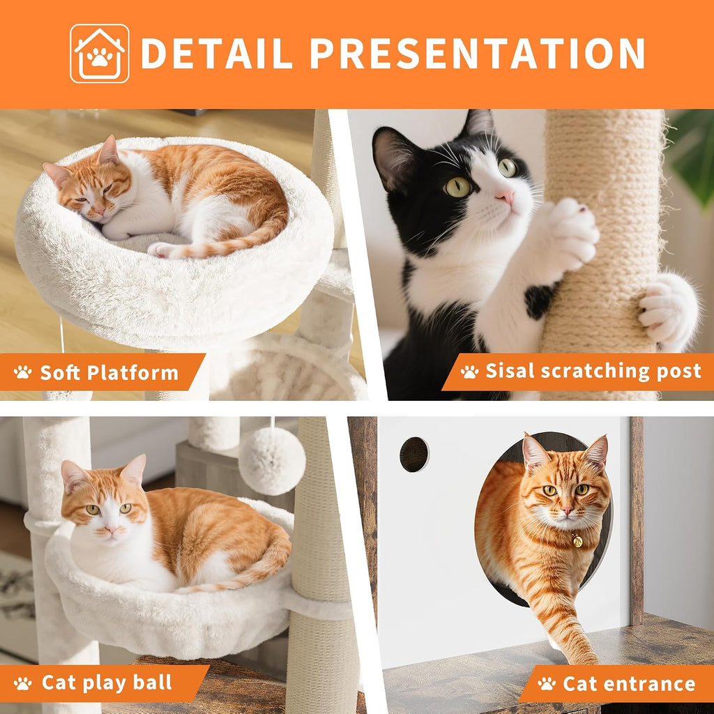 Cat Litter Box Enclosure with Tree Tower and Condo, Hidden Pet Washroom Furniture with Sisal Scratching Post, Hammocks