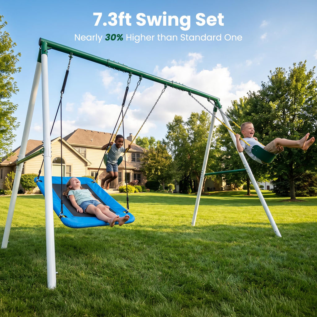 7.3ft Tall Swingset for Backyard with 3 Swings (White & Green)