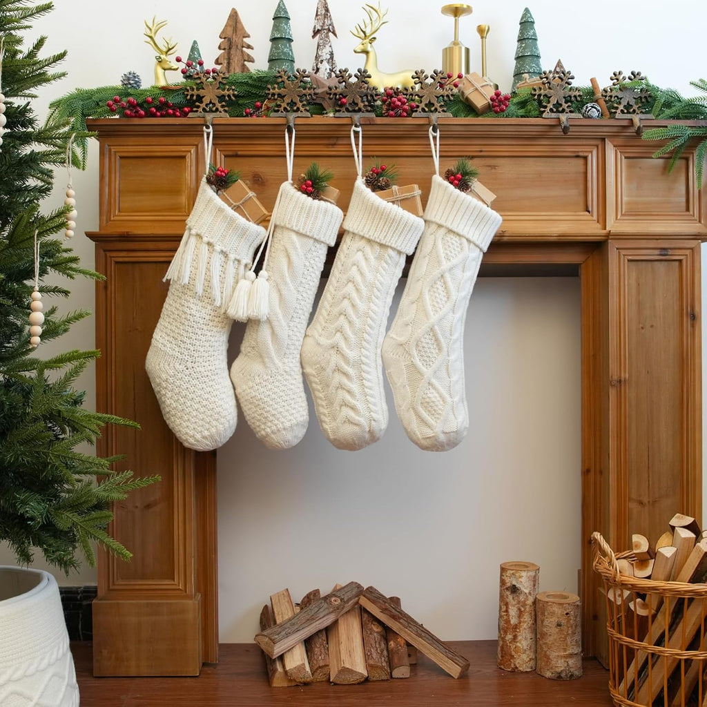 4 Pack White Knit Christmas Stockings - Large 18" Rustic Farmhouse Vintage Cable Knit Holiday Stockings, Cream Ivory