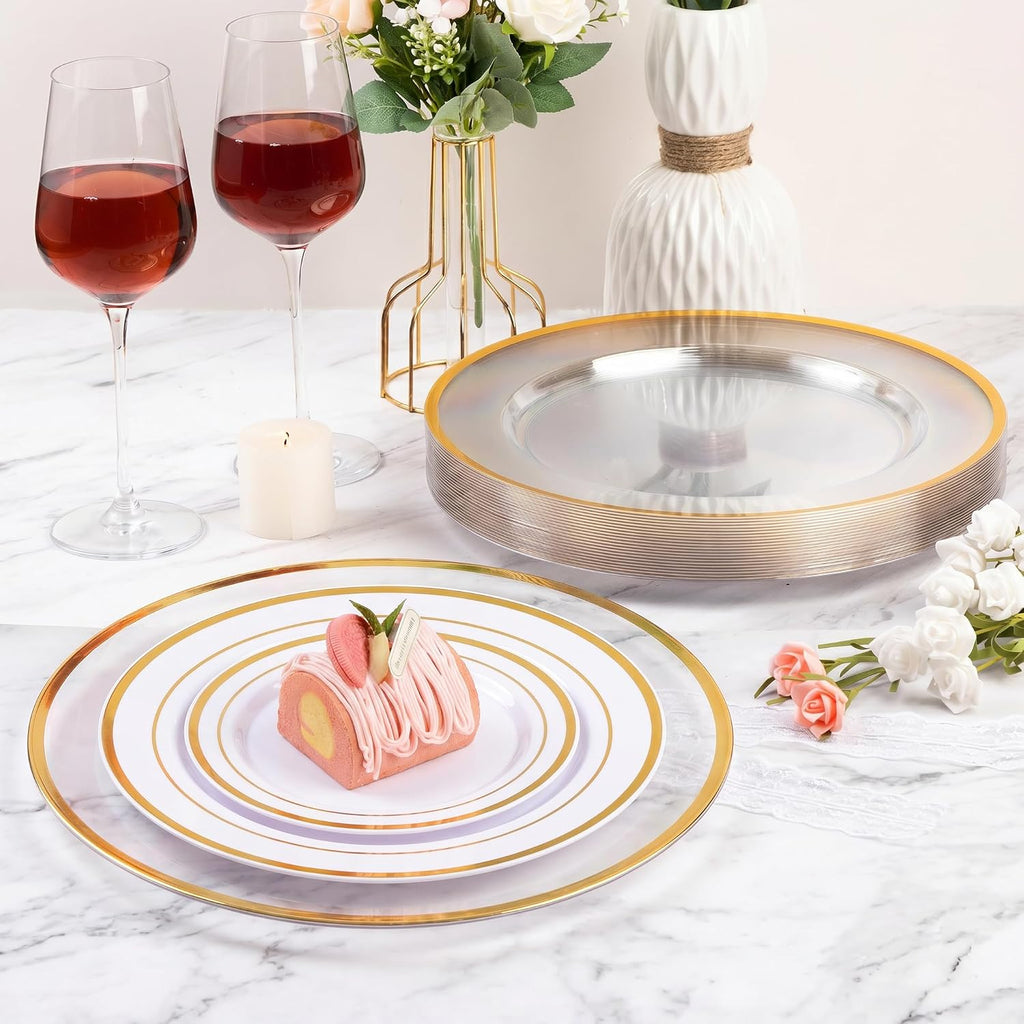 Inch Reusable Clear Charger Plates with Gold Rim - Set of 25