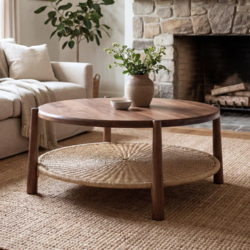Round Coffee Table with Woven Storage Shelf, Walnut Brown