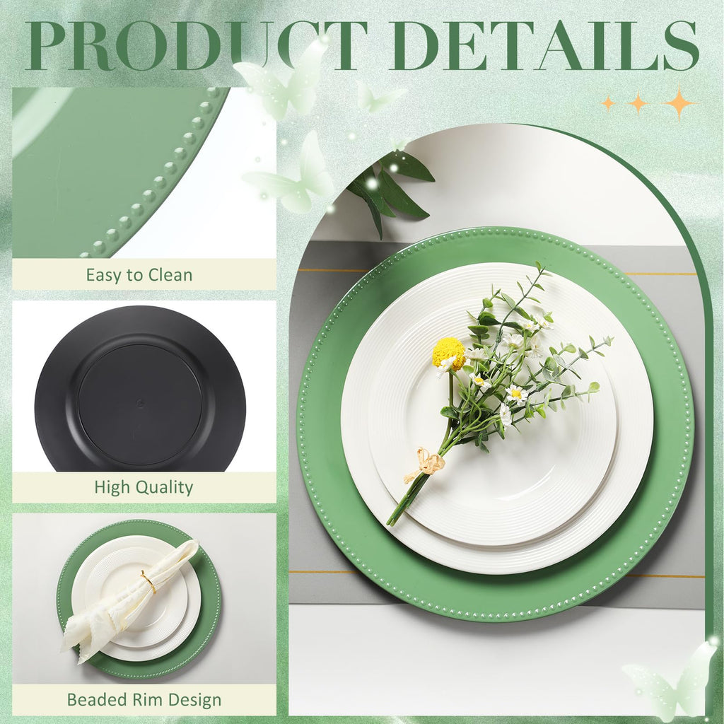 36 Pack 13 Inch Green Beaded Round Charger Plates