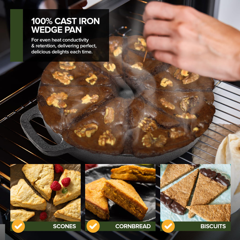 Classic Cast Iron Wedge Pan, Non-Stick Cornbread Skillet with Easy Transport Handles, 8 Slice Divided Cast Iron