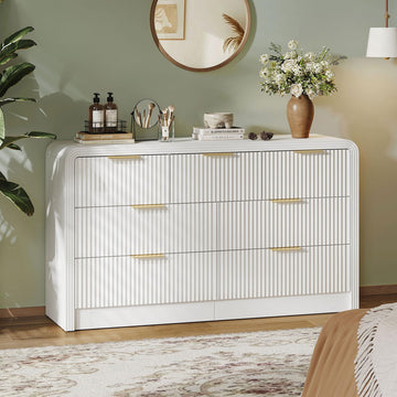 Fluted Drawers Dresser, Wood Dressers with Gold Handles, Modern Dressers with Wave Texture, Large Storage Chest of