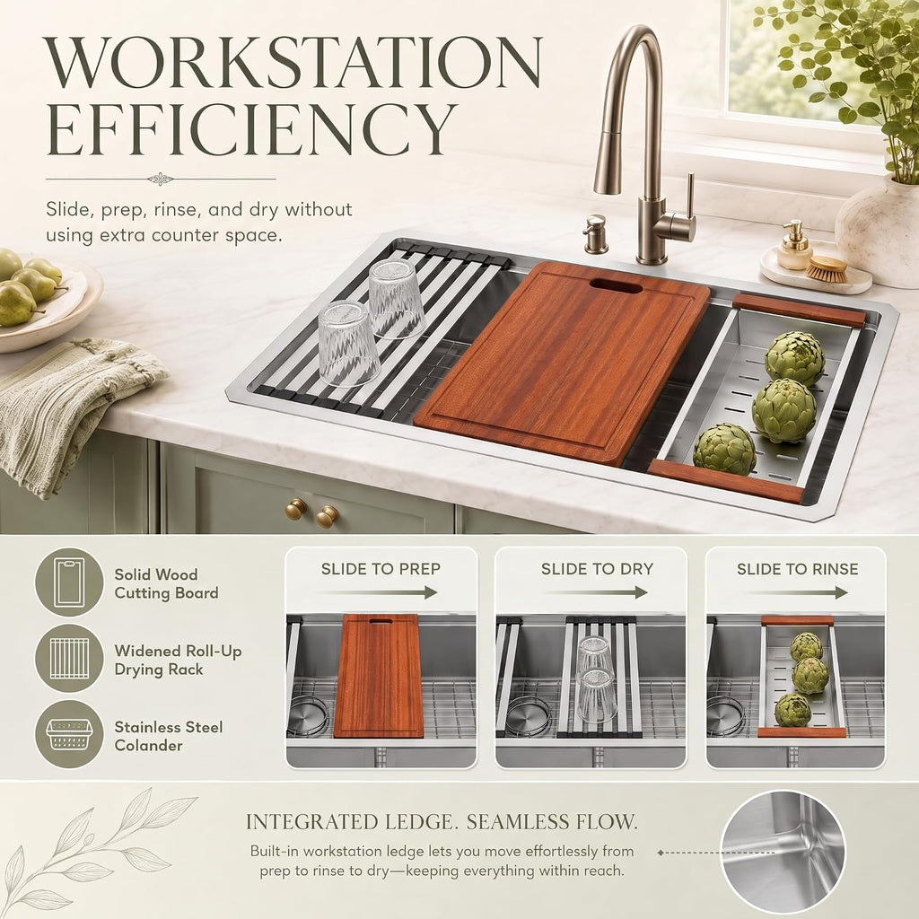 30''x18'' Double Bowl Undermount Kitchen Sink, T304 Stainless Steel 50/50 Workstation Sinks with 10'' Deep Basins &