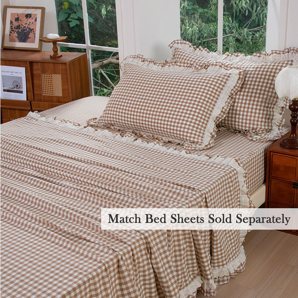 100% Washed Cotton Taupe Gingham Ruffle Duvet Cover Set