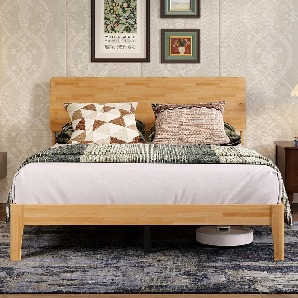 Queen Bed Frame with 3-Level Adjustable Storage Headboard, Solid Wood Platform Bed Frame with Slats, No Box Spring