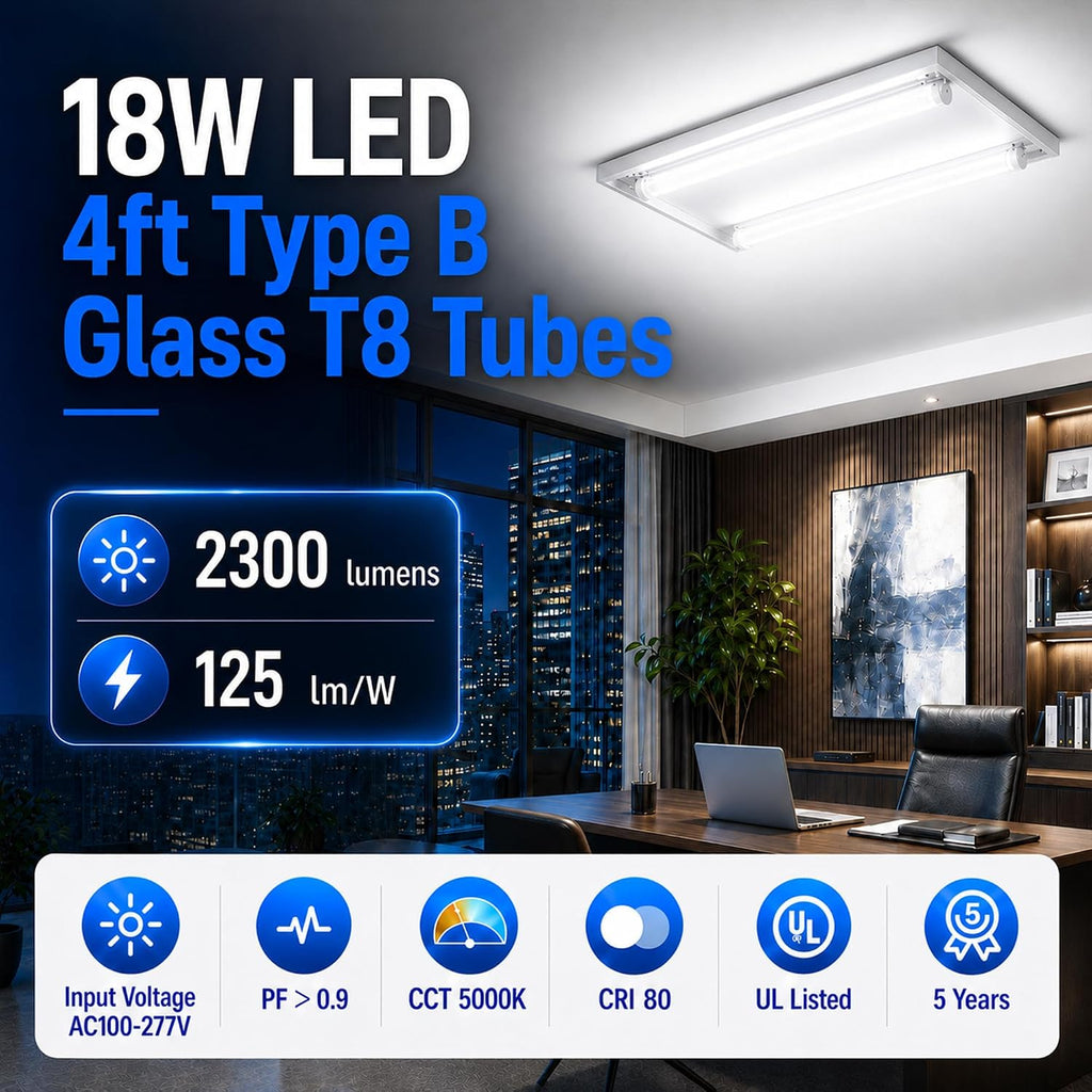 T8 LED Bulbs 4 Foot, 18W (40W Fluorescent Light Bulbs Equivalent) 5000K Daylight, 2300LM, Ballast Bypass Type B, LED