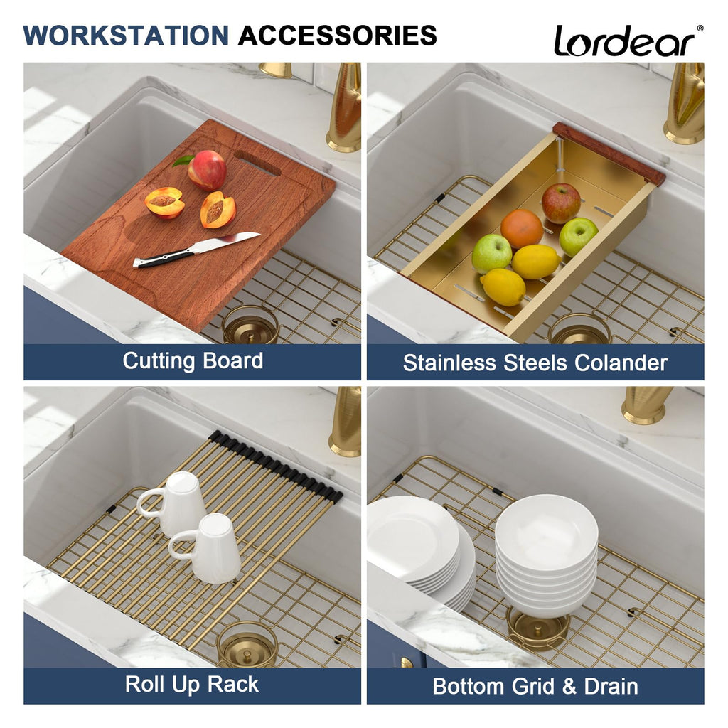 33 Inch White Kitchen Sink Fireclay Porcelain Ceramic Undermount Sinks Single Bowl Rectangular Basin Workstation with