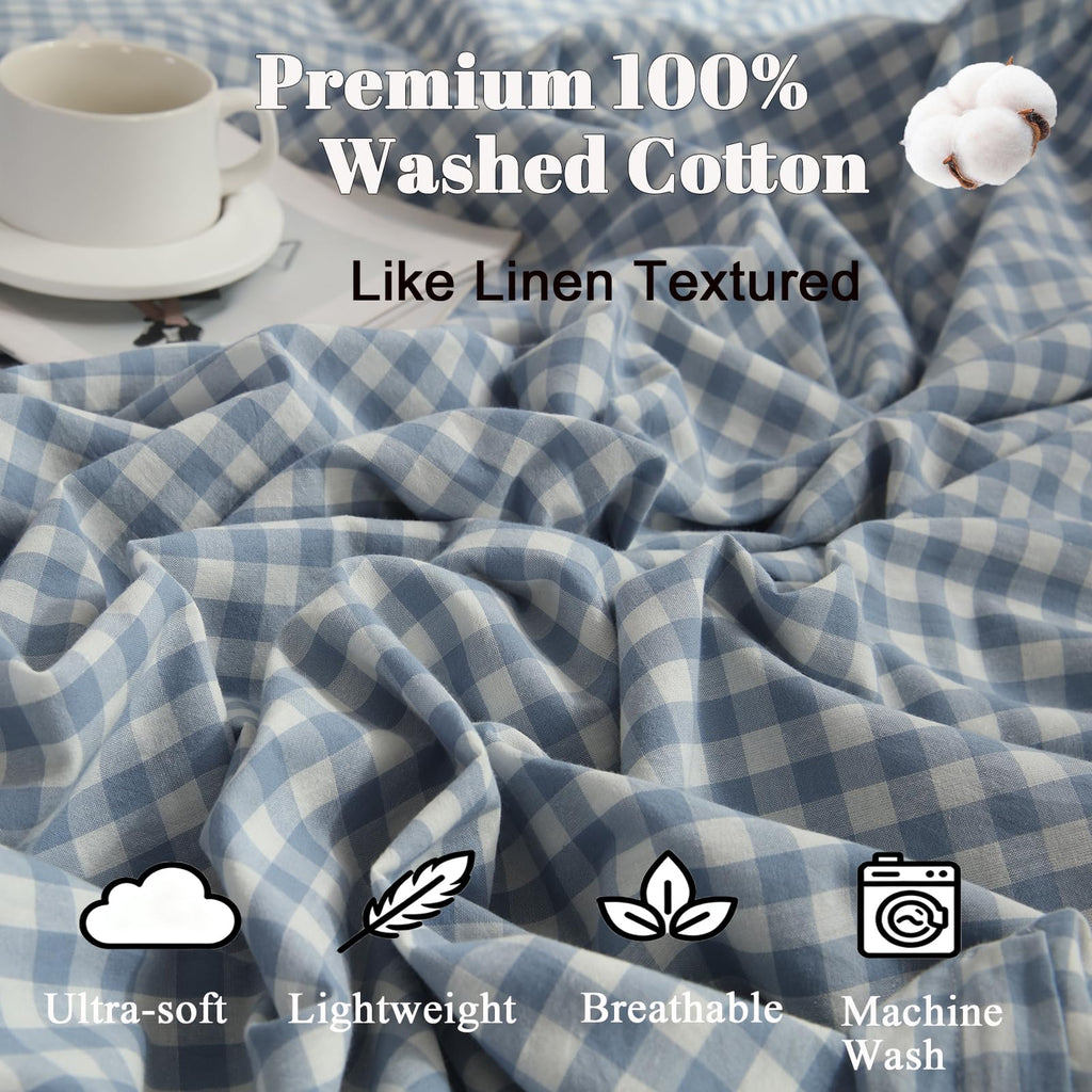 Blue Gingham Duvet Cover Set, 100% Washed Cotton Linen Like