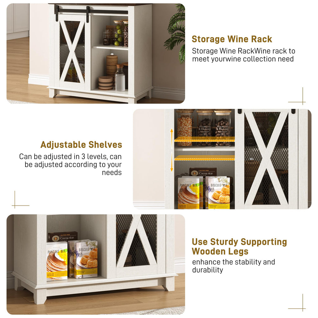31.5"Wide Farmhouse Coffee Bar Cabinet with LED Light, Wine Bar Cabinet w/2 Storage Hutch, Kitchen Buffet Cabinet