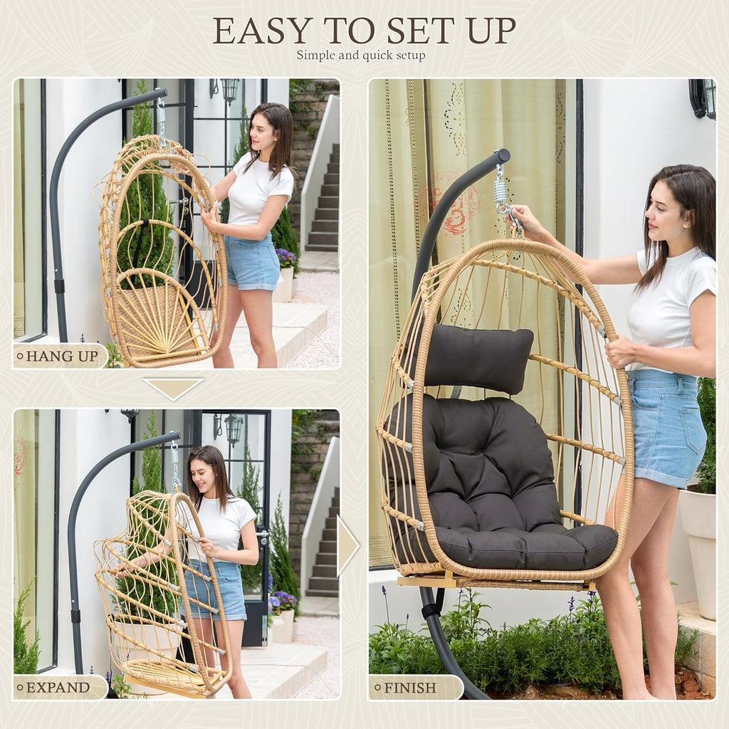 Hanging Egg Chair with Stand & Footrest | Hammock Egg Chairs with Footrest and UV Resistant Cushion for Indoor