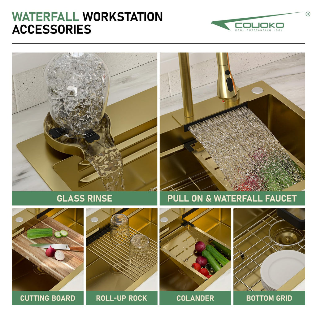 33 Gold Drop In Workstation Waterfall Kitchen Sink with Accessories