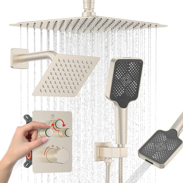 Thermostatic Shower System with Adjustable Water Flow Push Button Diverter, Square Dual Shower Heads Faucet Set with