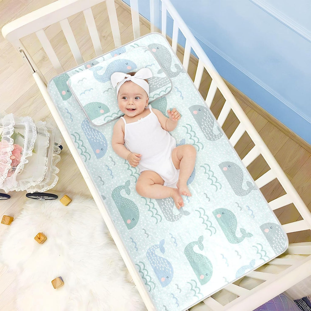 Baby Cooling Mat Cute Whales Bed Pad Ice Silk Cool Mat for Crib Mattress, Sleeping Pad with Pillowcase for Girl Boy