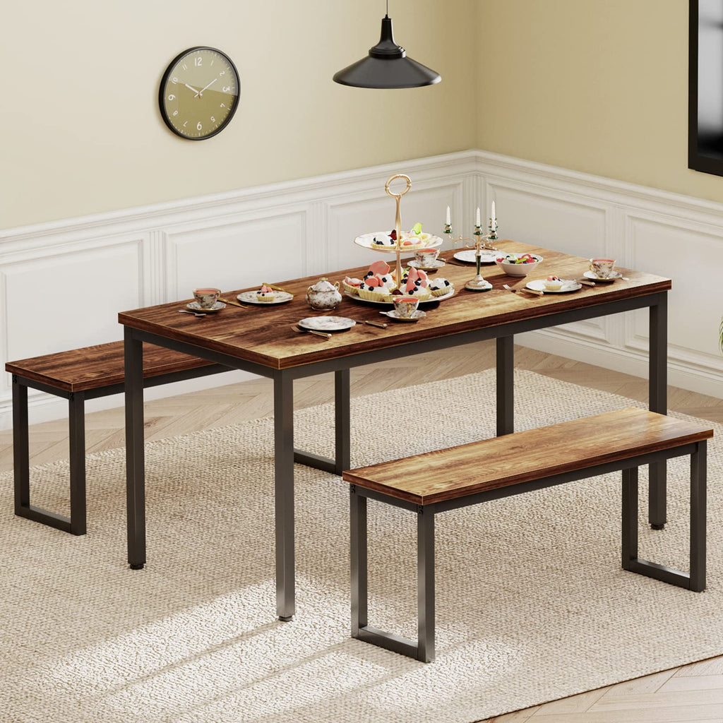 Kitchen Table Set with 2 Benches, Bench Dining Table Set for 4, 3 Piece Dining Room Table and Long Benches, Breakfast