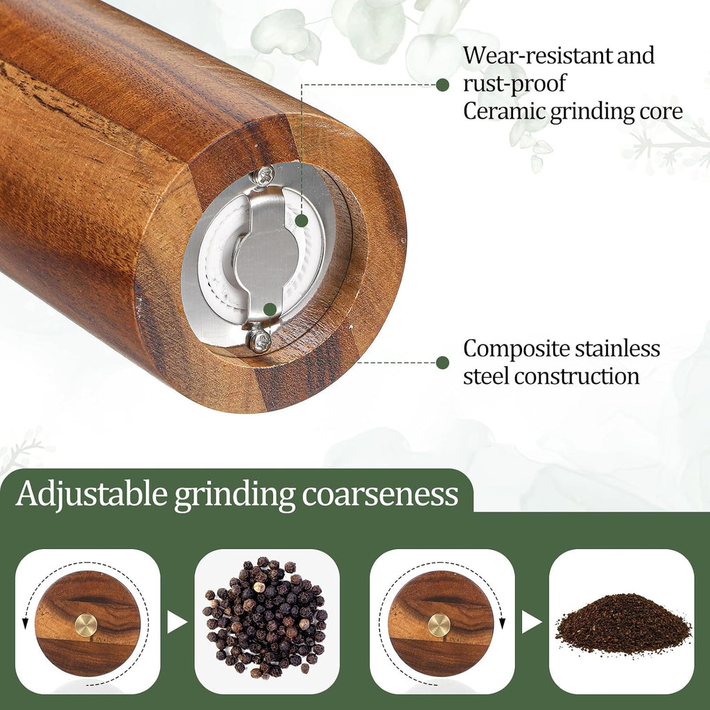 Wooden Salt and Pepper Grinder Set,8.46 inch Adjustable Coarseness Manual Salt and Pepper Mill with Brush - Set of 2