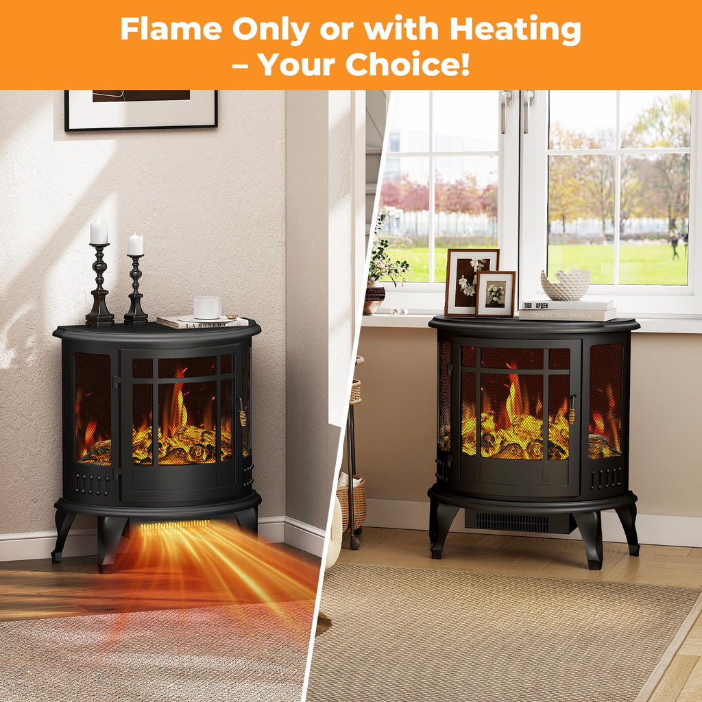 Electric Fireplace Stove-Oval Freestanding Fireplace Heater w/ 3D Flame, Thermostat Control, 1500W Quiet Heating