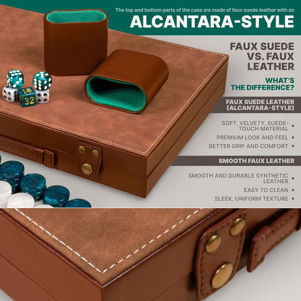 Backgammon Sets for Adults 15 Inch - Premium Faux Suede Leather Backgammon Board Game Set with 32 Chips, Dice Cups &