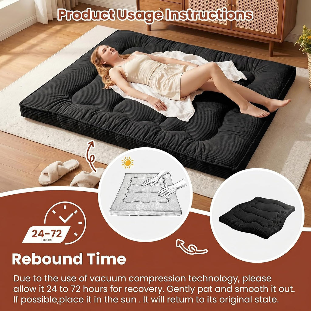 Futon Mattress Full Size, 4" Thicken Japanese Futon Mattress Sleeping Pad, Corduroy Foldable Floor Mattress, Roll Up
