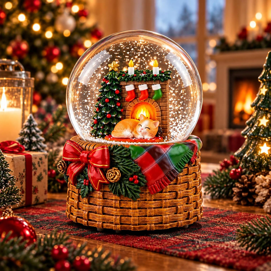 Christmas Cat Snow Globe Music Box with Lighted Fireplace, Silent Night Musical Snow Globe with Hand-Shake Snow