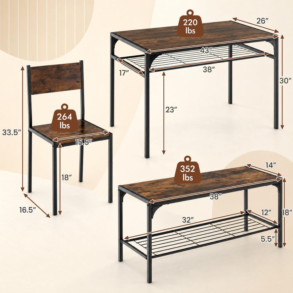 Dining Table Set for 4 with Bench & 2 Chairs, Storage Racks