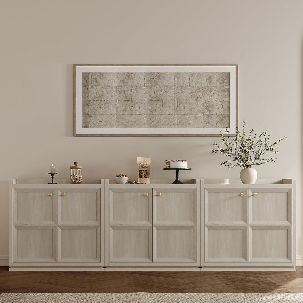 Sideboard Buffet Cabinet with 4 Doors & Shelves, Golden Handles | 68" wide; adjustable shelves; white oak accent