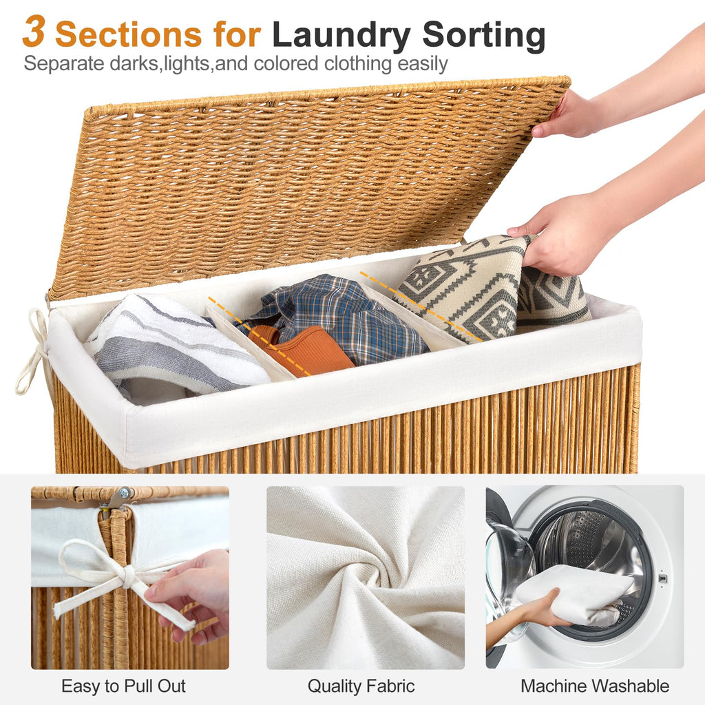 Laundry Basket 3 Section, Handwoven Laundry Hamper with Wheels