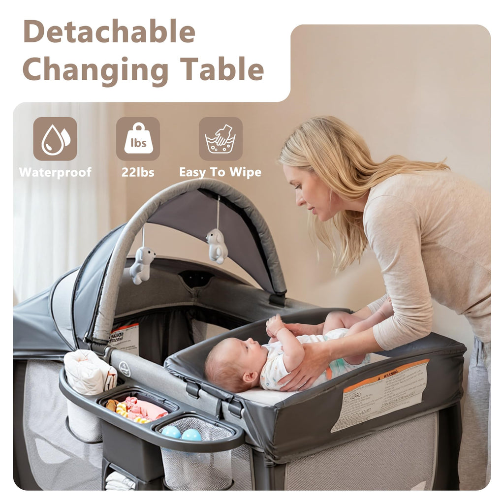 4 in 1 Portable Play Yard, Baby Playard w/Bassinet, Grey