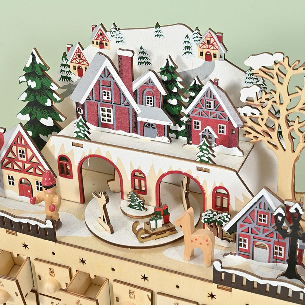 Wooden Advent Calendar, Hand Carved Christmas Calendar With House Tree LED Lights 24 Days With 24 Compartments
