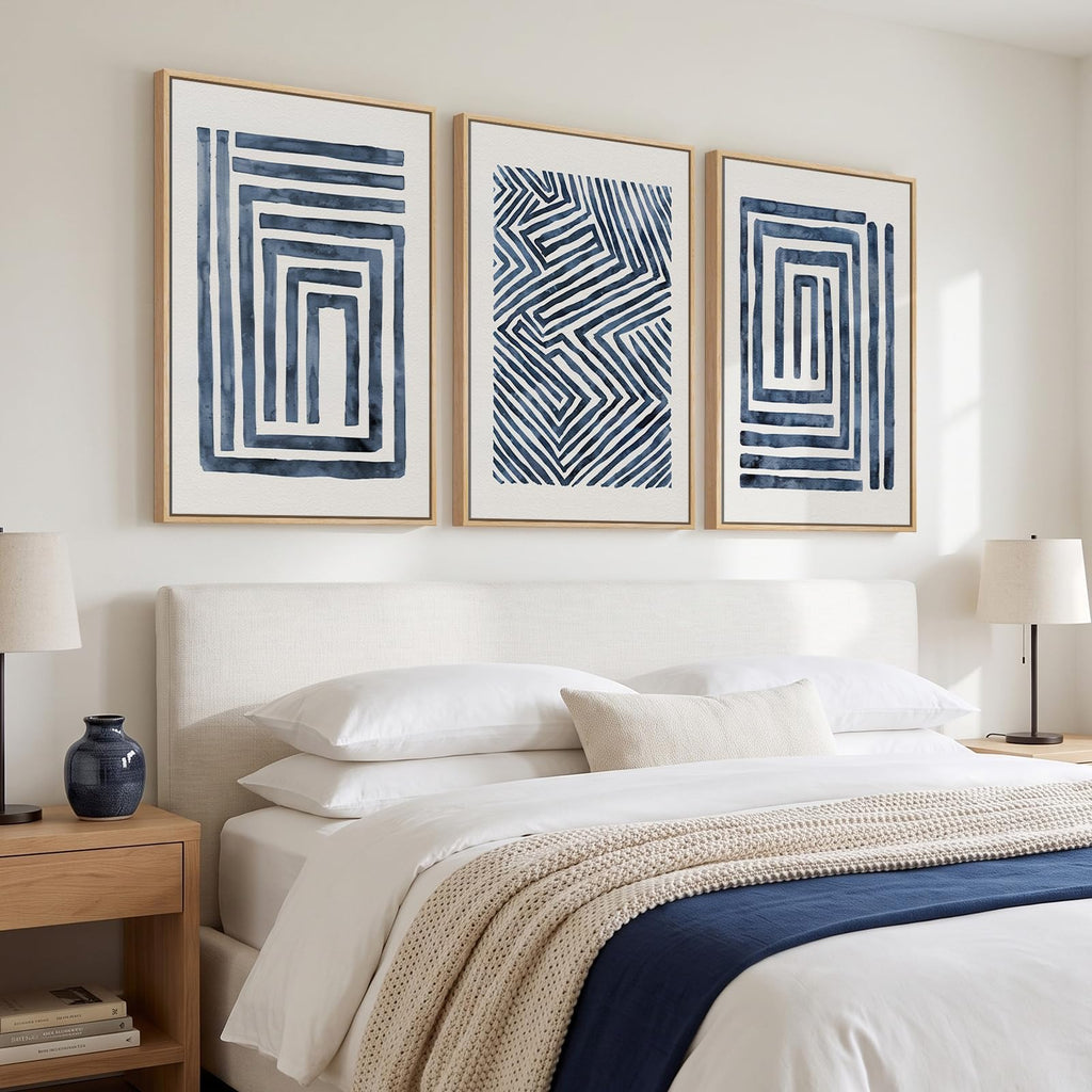 Large Framed Blue White Abstract Wall Art, 3 Piece 24x36 In