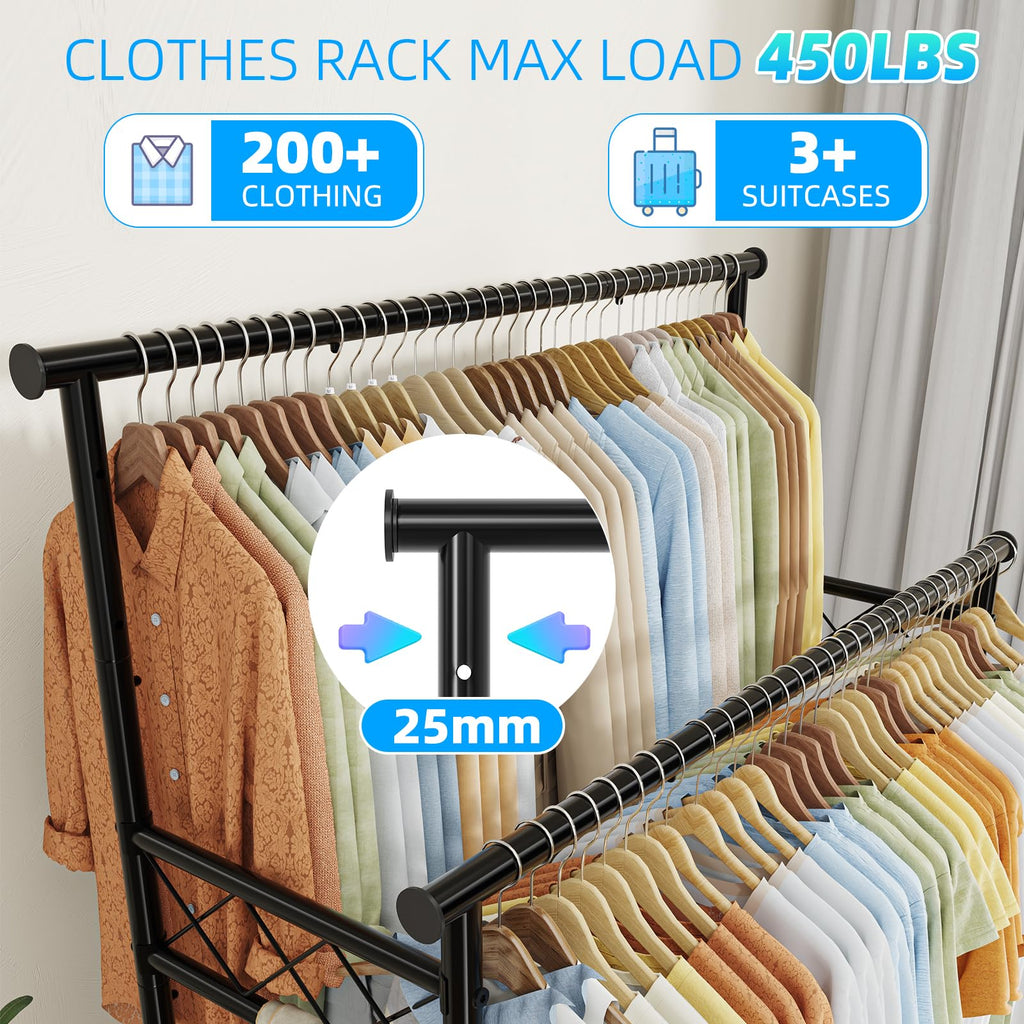 Heavy Duty Clothes Rack, Rolling Clothing Rack With Shelves Load 450 LBS, Double Rod Clothing Racks with Wheels for