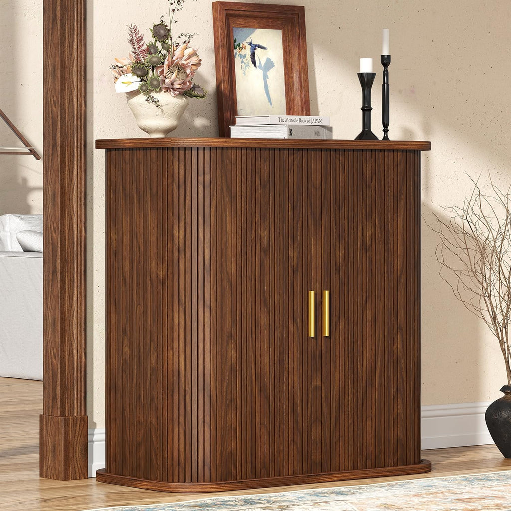 5-Tier Sliding Door Shoe Cabinet, Adjustable Shelves Wooden Shoe Storage with Gold Handle, Mid-Century Modern