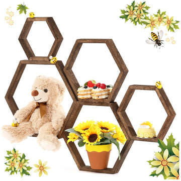 Honey Comb Decorations 5 Size Wood Hexagon Shelves, Dark Brown, 5 Pcs