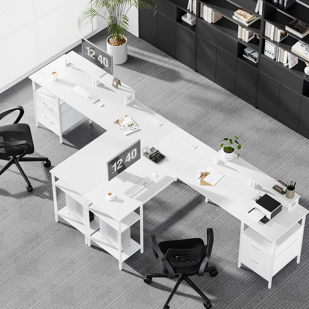 62" L Shaped Desk with Drawers and Power Outlet, White | Reversible Computer Desk with 2 Monitor Stands and Storage