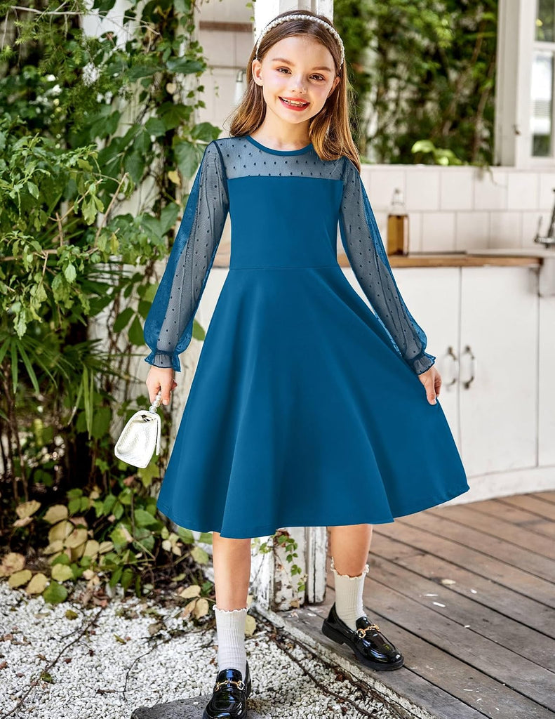 Girls's Contrast Mesh Puff Long Sleeve Party Dress with Pockets