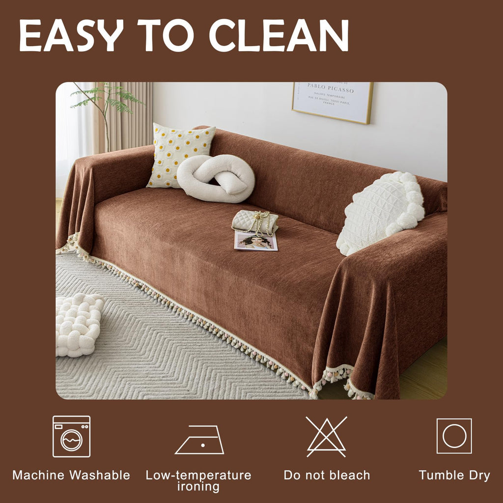 Boho Style Sofa Cover with Tassels, Washable & Non-Slip Couch Cover for 3 Cushion Sofa, Herringbone Pattern