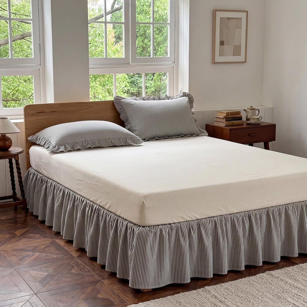 Stripe Ruffled Bed Skirt 16" Drop, Grey