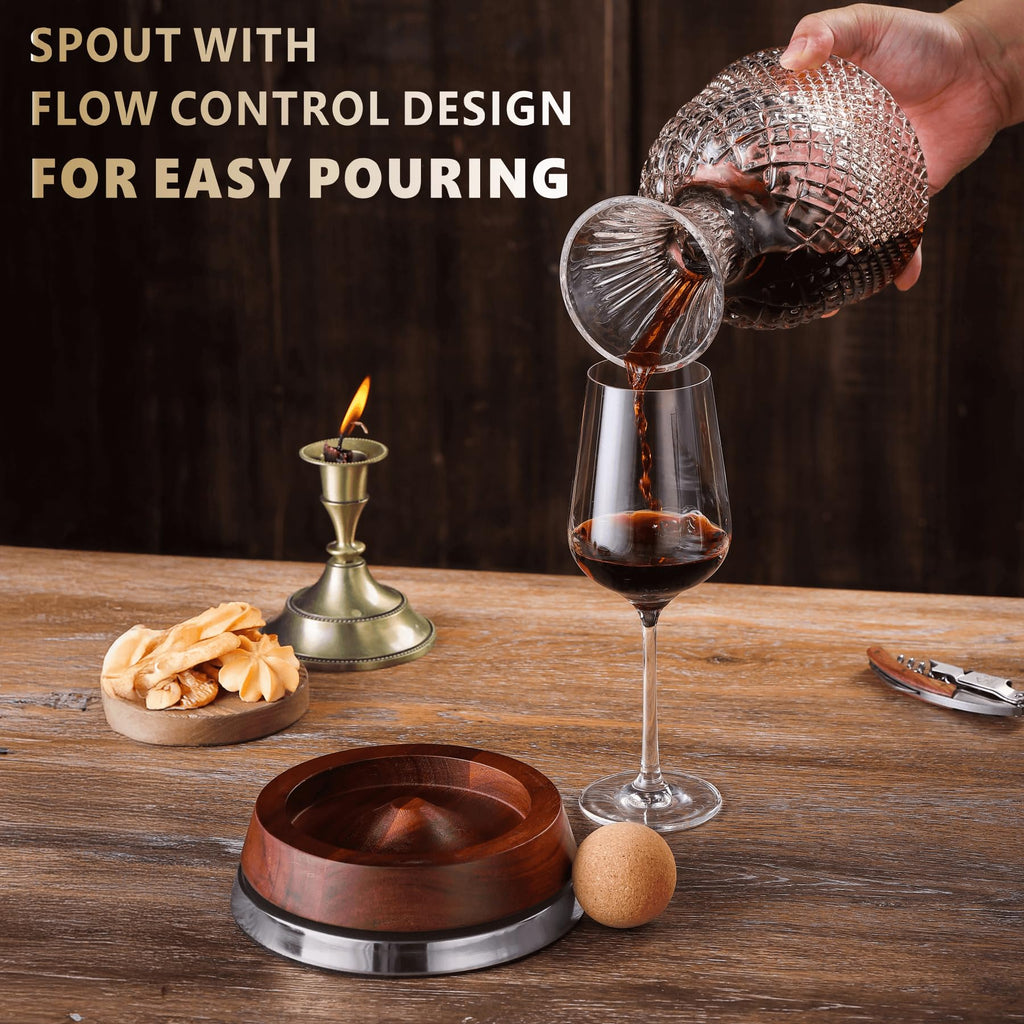 Rotating Wine Decanter Set with Solid Wood Base, Fun Crystal Glass Wine Carafe, Red Wine Decanter, Wine Accessories