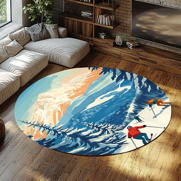 Winter Sports Theme 4ft Area Rug Snowy Mountains Skiing Pattern Circular Rugs Non Slip Washable Carpet Bedside