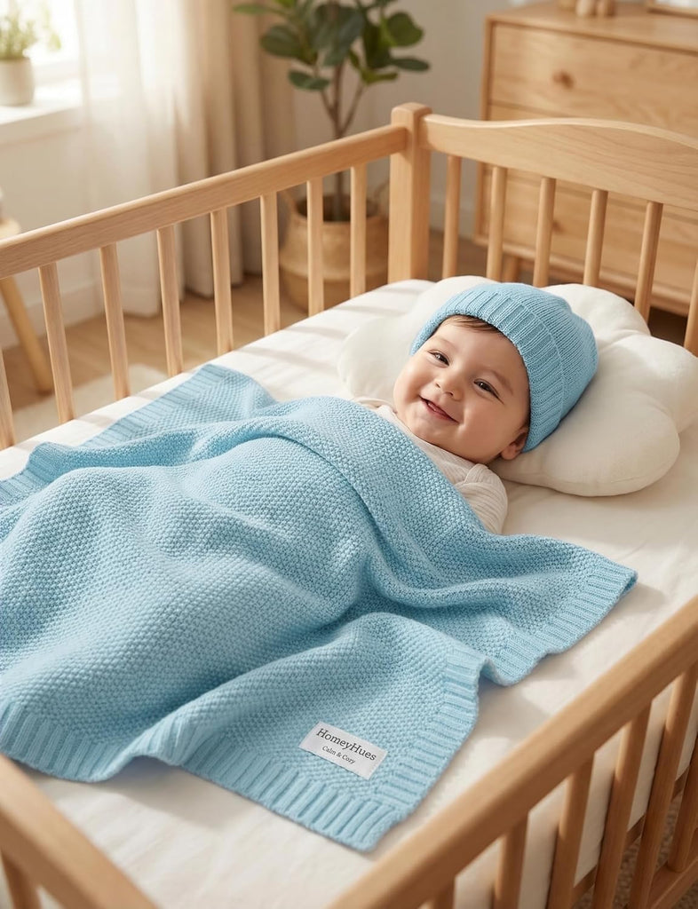 Newborn Baby Gift Set, Cotton Knit Blanket & Matching Beanie for Boys Girls