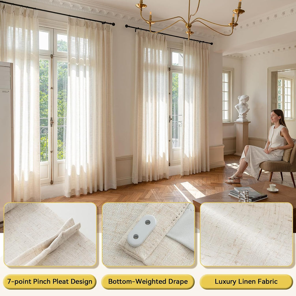 Liz Sheer Pinch Pleated Linen Curtains 102 Inches Long - Light Filtering Pleat Curtains, Window Curtains, Luxury